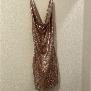 Fashion Nova Gold Sequin Slip Dress with Cowl Neck